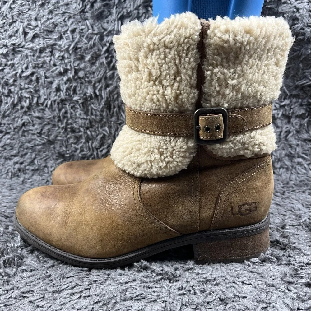 Ugg Womens Blayre Boot Size 10 Chestnut Suede Block Moto Sherpa Heel Lug Bootie
